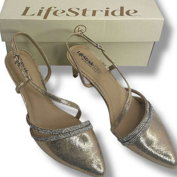Lifestride Metallic Pointy Toe Heels 9.5 Rhinestone Buckle Arlo 2 Slingback Pump - Picture 5 of 11